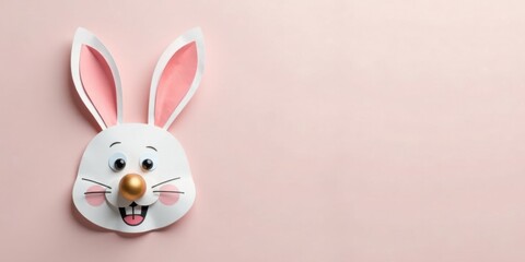 Obraz premium A Cheerful Paper Bunny with a Golden Egg Nose on a Pastel Pink Background, Perfect for Springtime Festivities and Holiday Greetings