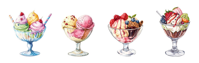 Watercolor set of ice cream in a glass bowl png. Various ice cream scoops in glass bowls sprinkled with berries, cookies, chocolate, etc. Retro serving of ice cream. Summer desserts for cafe. 