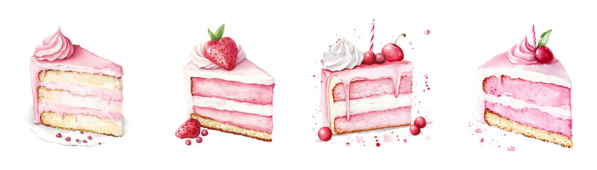 Watercolor set of strawberry cake pieces png. Pieces of strawberry cake with pink cream and sponge cake decorated with strawberries and pink meringues and candles for the cake. Birthday cake elements.