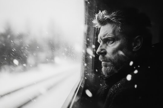 A man sitting on a train, staring out the window at a blurred landscape, his reflection in the glass looking somber