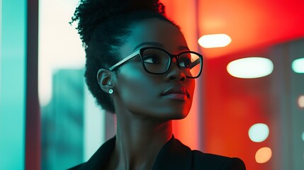 A confident Black female executive in a sleek office under bright lighting, with soft red, black, and green tones softly featured in the backdrop