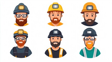 Diverse Cartoon Miners with Different Helmets and Lamps - Mining Industry Illustration