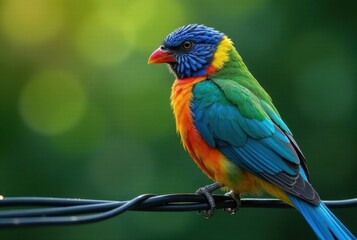 Obraz premium Vibrant Rainbow-Colored Bird Perched on Wire, a Stunning Display of Nature's Artistic Palette