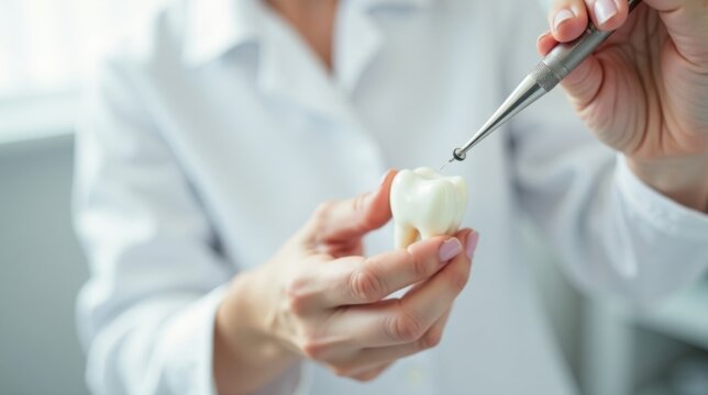 Close-up view of a dental professional delicately working on a model tooth with a precision instrument, showcasing meticulous attention to detail in restorative dentistry