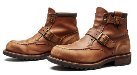 Pair of Brown Leather Ankle Boots with Buckle Straps