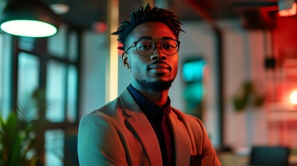 A confident Black professional standing in a contemporary office with a poised expression under bright lighting, with faint red, black, and green hues in the background