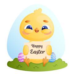 Happy easter card with adorable Easter chick and painted eggs.
