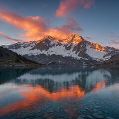 "A breathtaking Alpine Glow at sunset, with vibrant orange and pink hues illuminating snow-capped peaks against a clear blue sky, reflecting off a tranquil alpine lake."