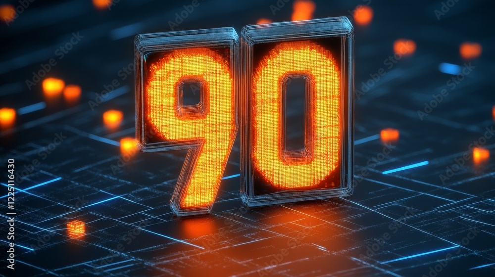 Poster luminous digital number 90 on circuitry background, 3d rendered representation of digital technology