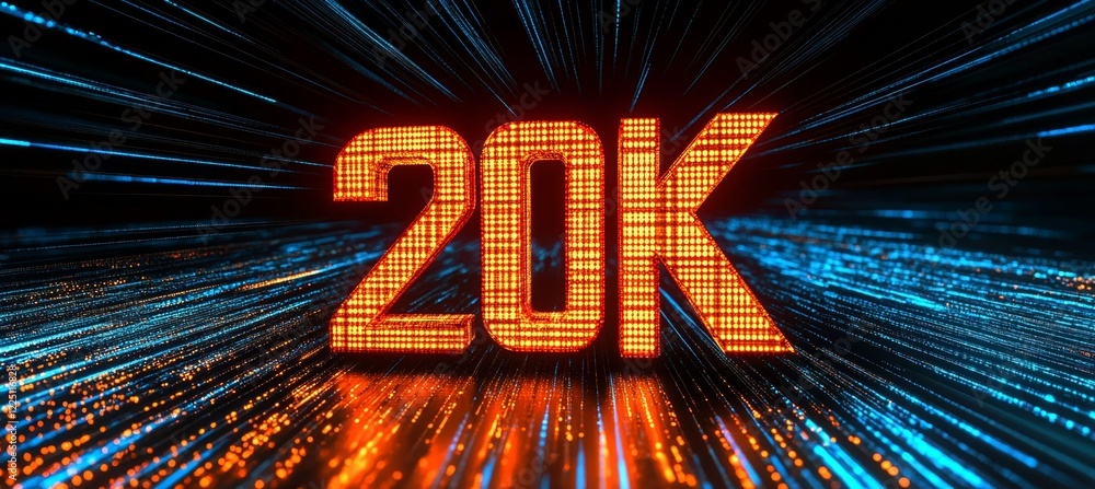 Poster glowing digital 20k number in futuristic dark space with speed light effect background