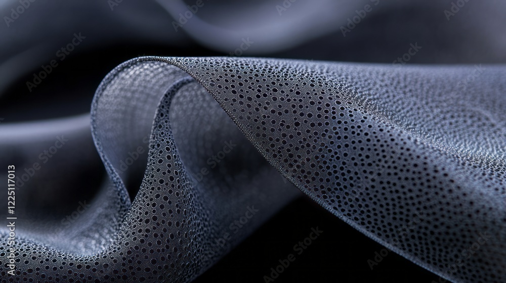 Poster a close-up of the fabric texture, showcasing its fine mesh pattern and soft sheen against a dark bac