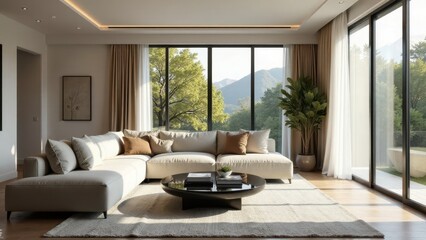 Modern Sectional Sofa in Sunlit Living Room with Panoramic Mountain View and Neutral Decor