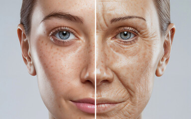 After before comparison of young woman's half face skin and senior womon's face. Aging skincare, beauty wrinkles treatment, rejuvenation process, facial treatment concept.