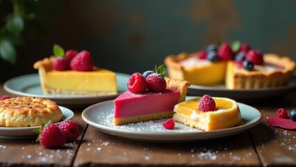 Delightful Assortment of Sweet Fruit Tarts Featuring Vibrant Fillings and Fresh Berry Garnish
