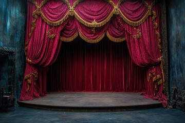 Crimson velvet stage curtains with gold accents frame a dark wooden stage. Perfect backdrop for theatre, drama, or performance arts projects.