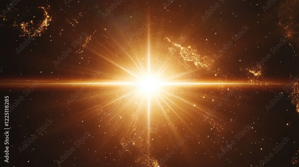 Poster golden starburst in space with glowing particles and light rays cosmic background for science