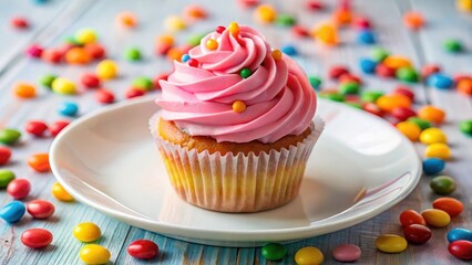 A delicate pink cupcake with a swirl of creamy frosting and sprinkles on top, placed on a small white plate surrounded by colorful candies , celebration food , pink birthday cupcake