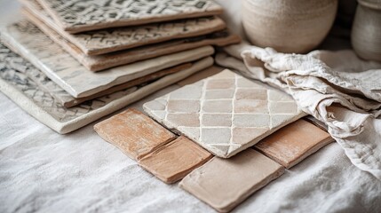 A collection of artisan clay tiles styled on a natural linen cloth. digital