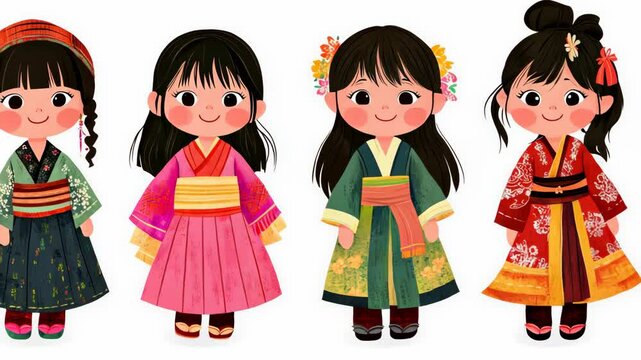 Colorful representation of traditional Japanese attire worn by cute animated girls
