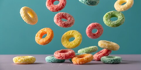 A playful display of colorful cereal rings floating in mid-air over a pile of similar rings. The sugar-coated texture and pastel background create a whimsical and appetizing visual.