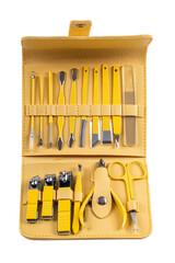 Manicure set kit in case, Manicure kit with stainless steel manicure and pedicure tools neatly organized in a yellow leather case. The kit includes essential grooming tools for nail care