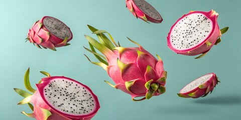 Whole and sliced dragon fruits float in mid-air, revealing their vibrant pink skin and white flesh with black seeds. A tropical and exotic fruit concept with a fresh aesthetic.