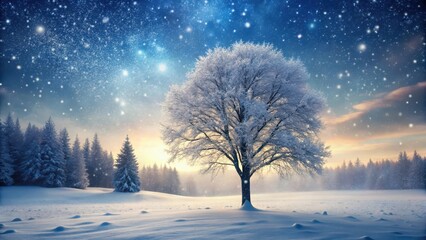 tree in winter landscape with snowfall in late evening
