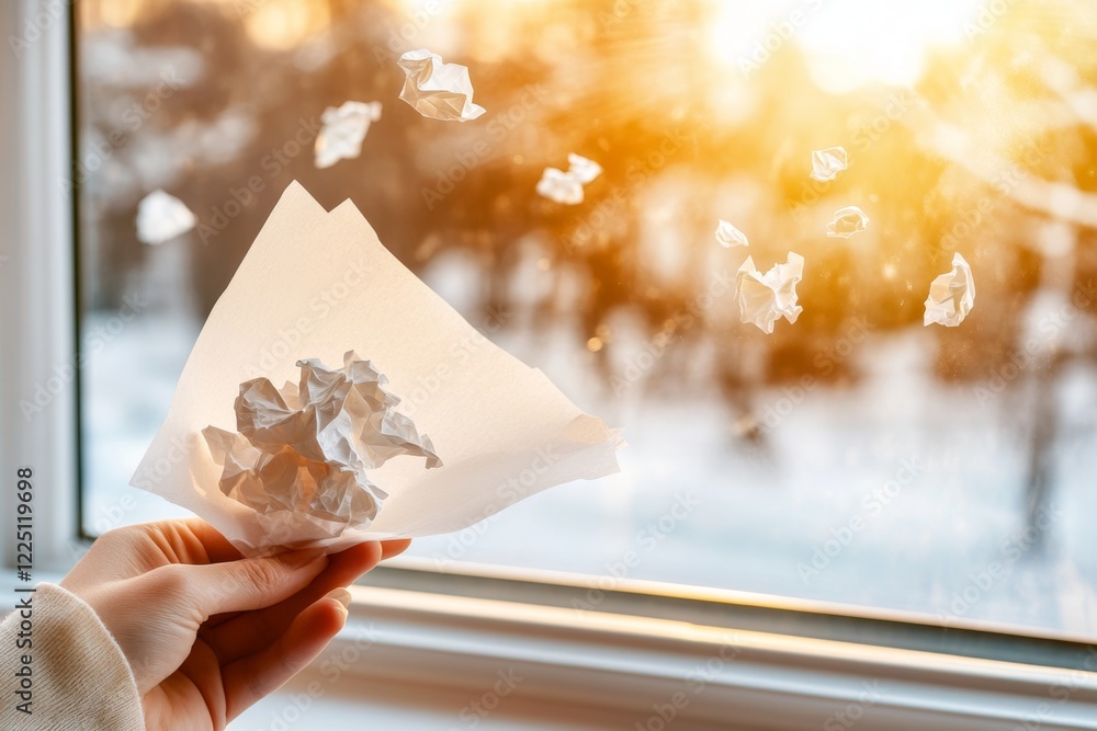 Poster a person holding a crumpled piece of paper, their face showing disappointment as sunlight streams th