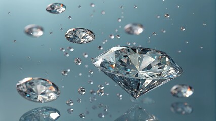  Exquisite, sparkling diamonds suspended in the air with dazzling reflections and refractions. A luxurious and high-end visual concept representing wealth, elegance, and timeless beauty.
