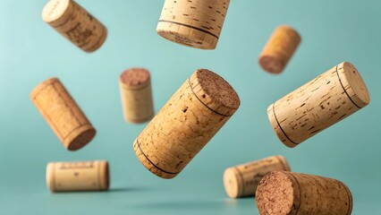 Natural wine corks suspended in mid-air against a soft background, highlighting their rich texture and organic imperfections. A perfect concept for wine culture, sustainability, and rustic aesthetics.