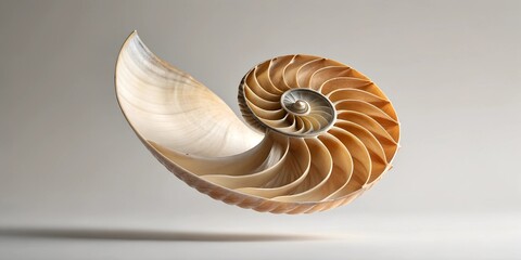 Obraz premium A beautifully detailed nautilus shell floating in mid-air, showcasing its intricate spiral structure and natural texture. A perfect concept for marine life, nature, and mathematical symmetry