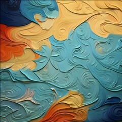 A vibrant abstract painting with thick, swirling brushstrokes in shades of blue, gold, and orange. The fluid texture and dynamic motion create a dreamlike, flowing composition resembling waves or wind