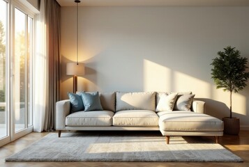 Fototapeta premium Sunlight streams through a large window illuminating a plush sectional sofa and area rug in a minimalist living room