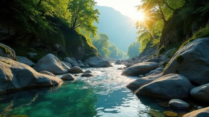 Serene Sunrise Illuminates a Rocky River Gorge with Lush Foliage and Tranquil Emerald Waters