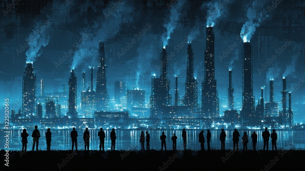 Poster group of professionals analyzing controversial studies on carbon emissions in a think tank stock pho
