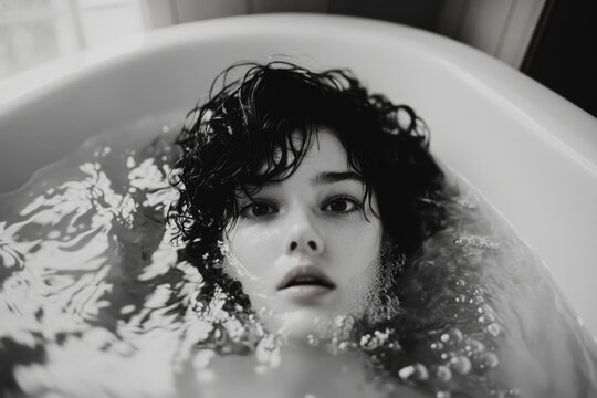 A person sitting in a bathtub full of water, fully clothed, with their head tilted back and a blank expression on their face