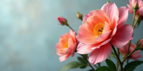 Fototapeta premium Delicate coral blossoms in soft focus, showcasing their intricate petal textures and vibrant hues against a muted backdrop.