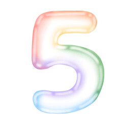 Transparent rainbow colored bubbles. Number five 5 isolated on white background.


