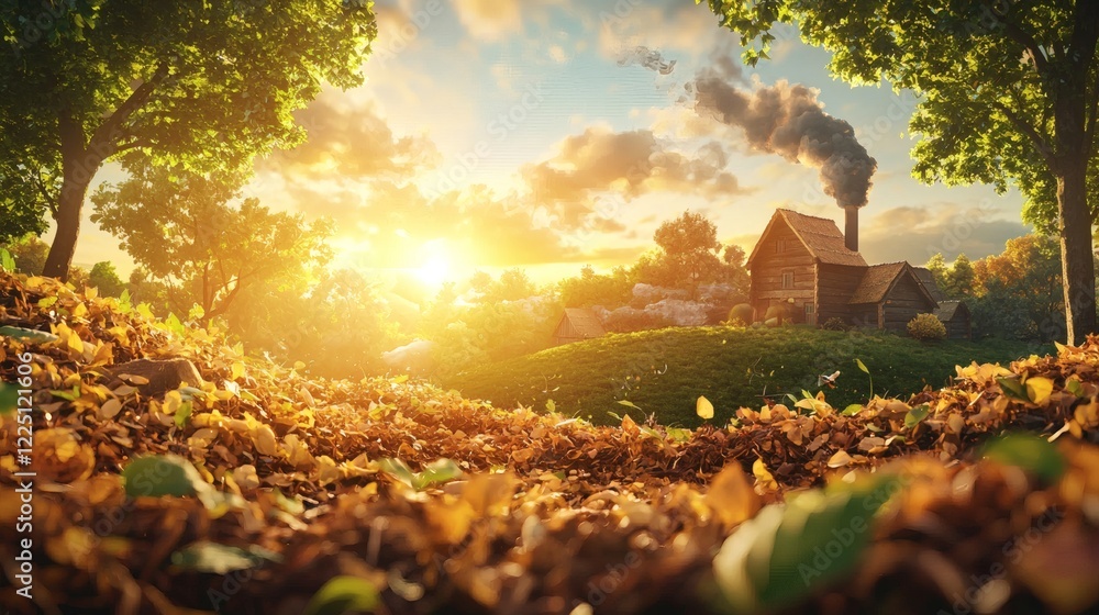Aufkleber illustration of biomass energy processes with diagrams of plant-based fuels stock photo with side co