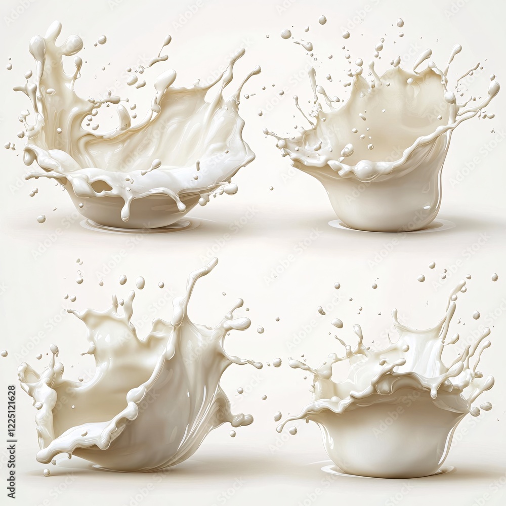Poster four dynamic milk splashes in white bowls on a light background creating a fluid motion