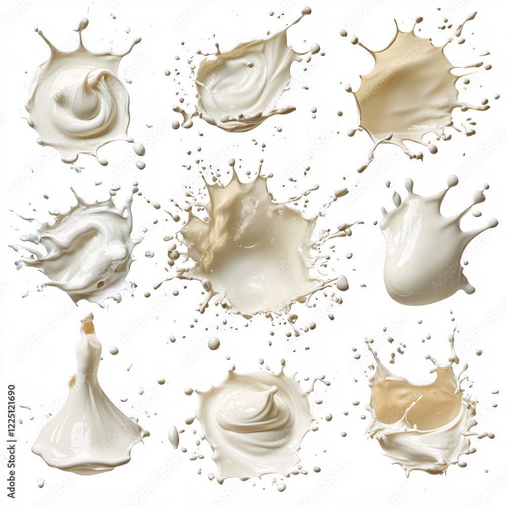 Poster white liquid splashes in various forms against a clean white background creating a dynamic effect