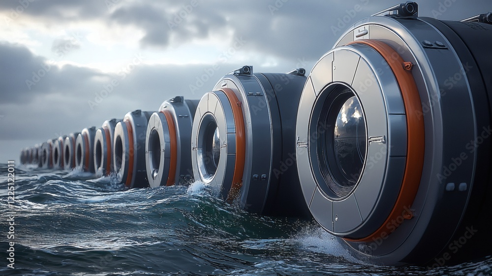 Poster innovative wave energy converters placed in a dynamic ocean environment stock photo with side copy s
