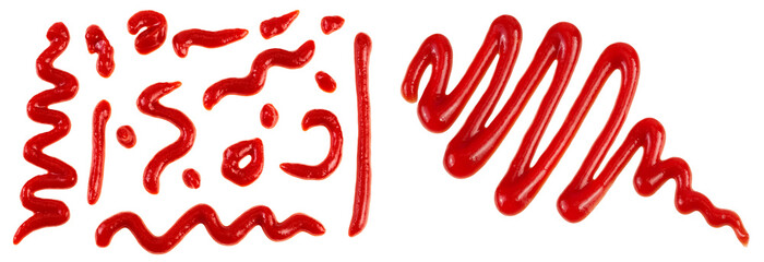 Red tomato sauce or ketchup isolated on white background. Top view. Flat lay. Set or collection