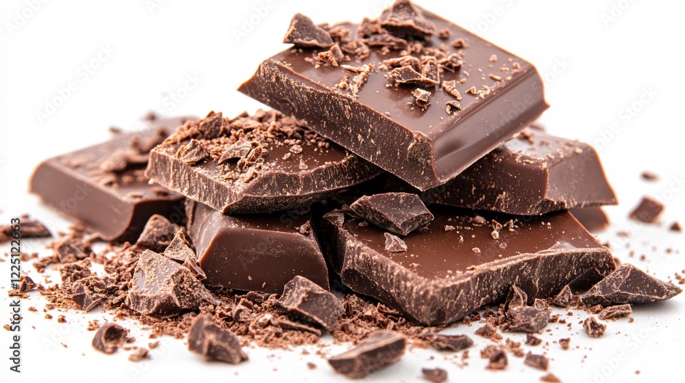 Aufkleber dark chocolate pieces stacked with small broken bits on a white background close up view