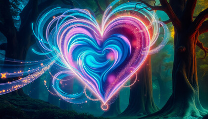 A radiant blue and purple heart made of swirling magical energy floats in a mystical forest, symbolizing love and romance on Valentine's Day.