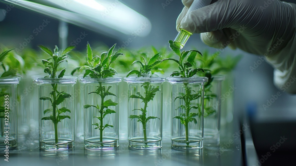 Poster researchers developing bioenergy solutions in a high-tech laboratory stock photo with side copy spac