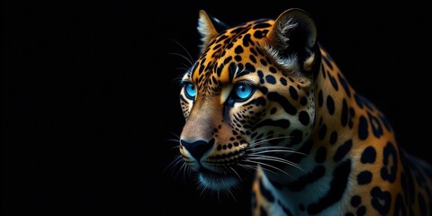 Obraz premium A Majestic Leopard with Striking Azure Eyes, a Symbol of Untamed Beauty and Wild Elegance in a Dark Setting