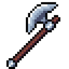 Pixel weapons: bow, sword, pickaxe, axe on a transparent background.	