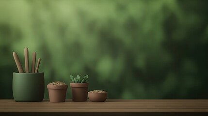 simple wooden table set outdoors with neatly arranged gardening tools small pots and flower seeds