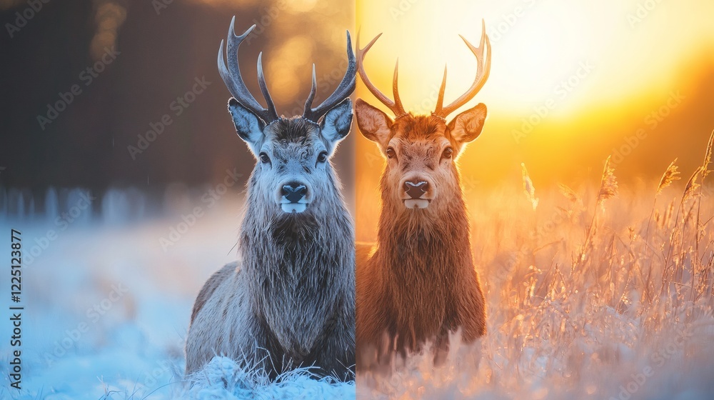 Poster comparison of wildlife population decline before and after deregulation policies stock photo with si
